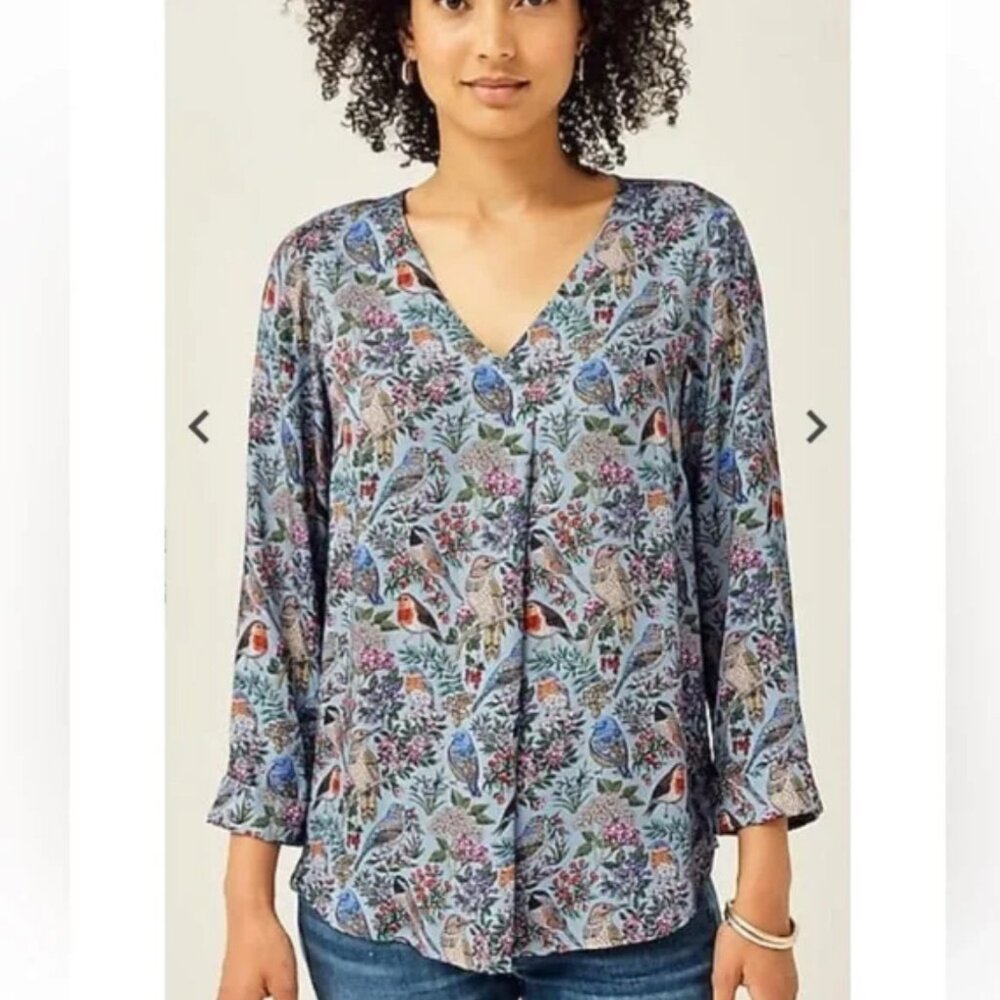 J. Jill Blue Floral & Bird Print V-Neck Blouse